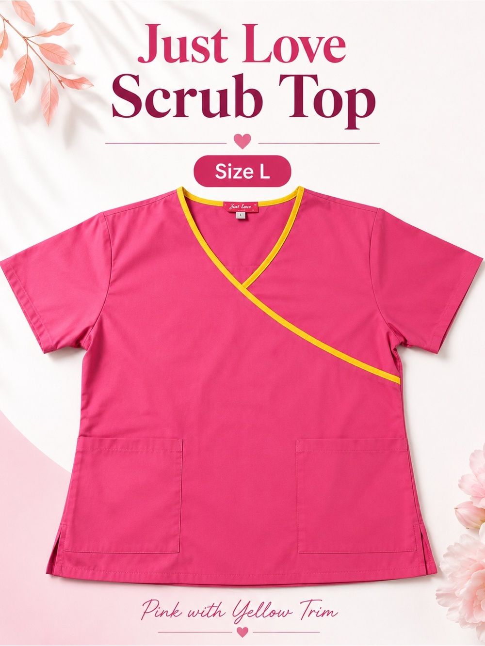 Just Love Pink V-Neck Scrub Top with Yellow Trim - Size Large